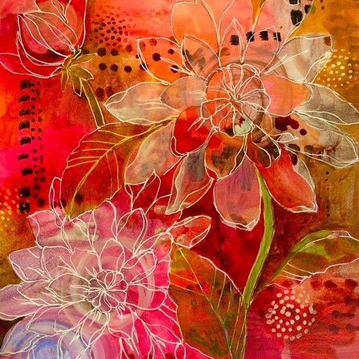a vibrant watercolor painting depicting a bouquet of pink, red, orange, and white flowers. the flowers are rendered in a stylized, abstract fashion, with delicate lines outlining their petals. the background is a wash of red and orange, creating a sense of depth and movement. the painting is full of energy and life, capturing the beauty of flowers in a unique and expressive way.