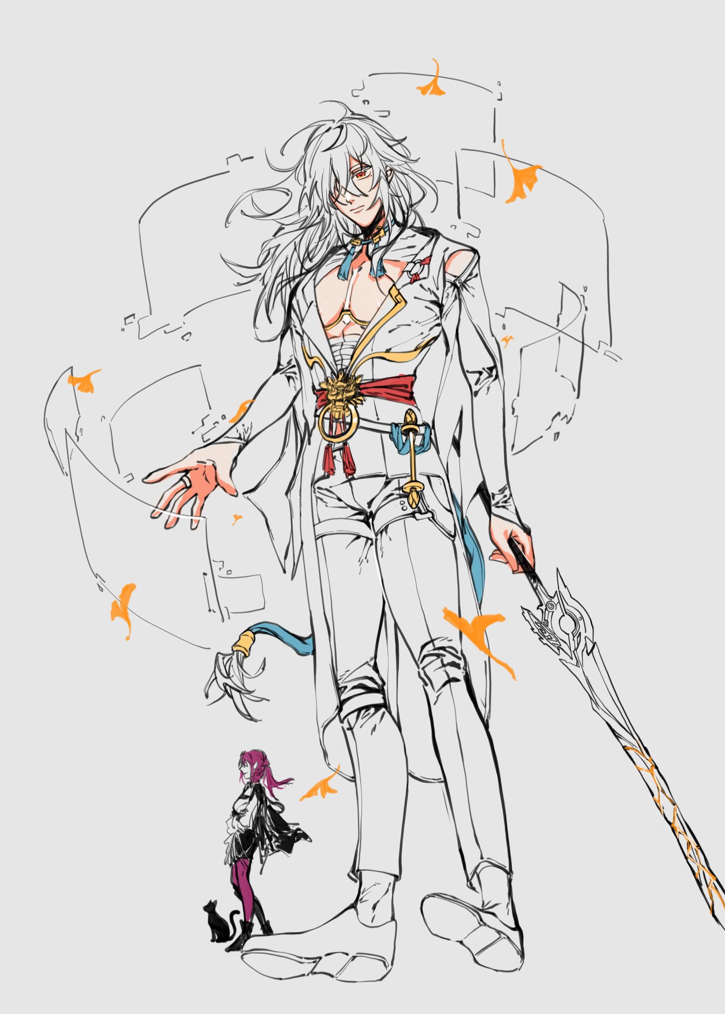 the image features a sketch of an animestyle male character in a dynamic pose, holding a sword. he has long white hair and is wearing a white outfit with gold and red accents. the character is standing in a pose that suggests movement and energy. there is a smaller female character in the foreground, with pink hair and a black outfit, looking up at the male character. the background features abstract shapes and lines that give the impression of movement and energy. the image is done in black and white, with some color accents added to the clothing and hair of the characters. the style of the artwork is reminiscent of japanese manga and anime. overall, the image portrays a scene of intense action and power.