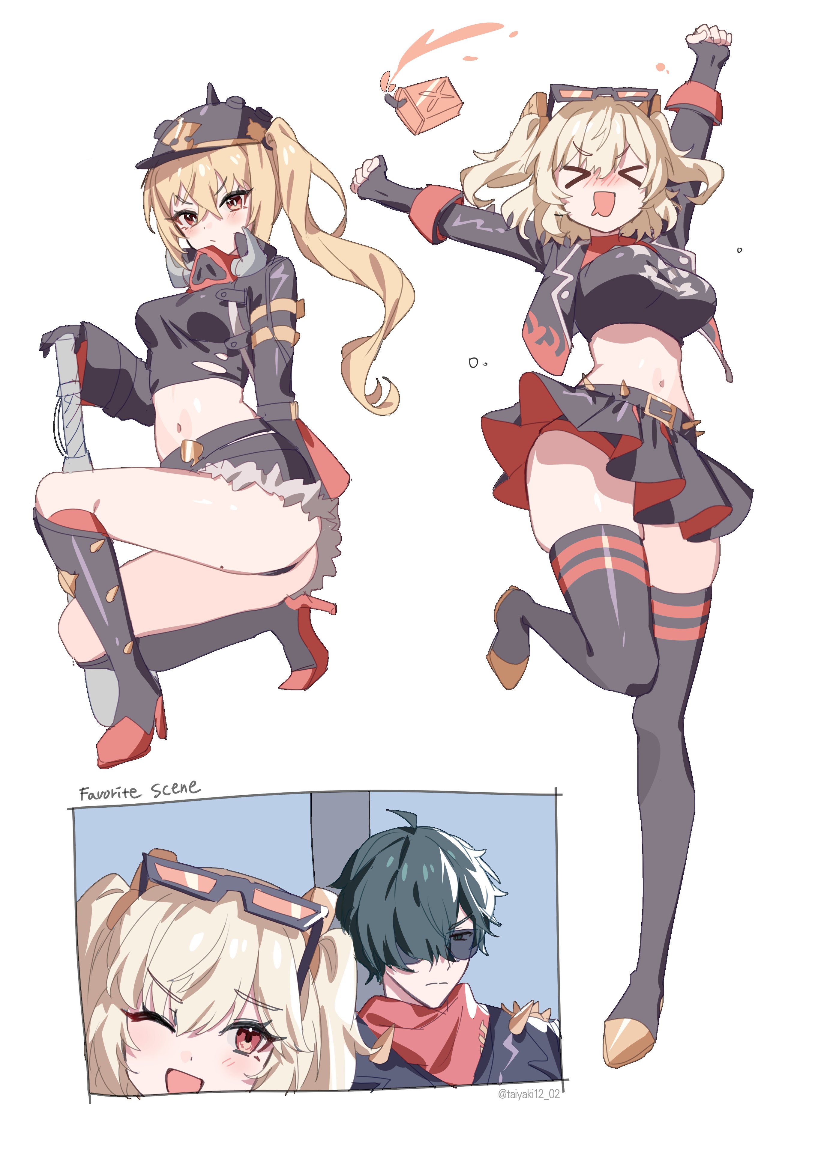 he image features a digital fanart of two versions of a female anime character, possibly from a game like genshin impact or honkai impact 3rd.  the character, resembling kiana kaslana, is shown in two distinct poses: one crouched, holding a weapon, and the other dynamically jumping in the air. both poses highlight the character's outfit, which includes a black top, short red skirt, thighhigh stockings, and boots. the color scheme is mainly black, red, and blonde.  a smaller panel at the bottom displays a chibi version of the female character with another character, suggesting a "favorite scene" from a game or story. the overall style is cute and energetic.