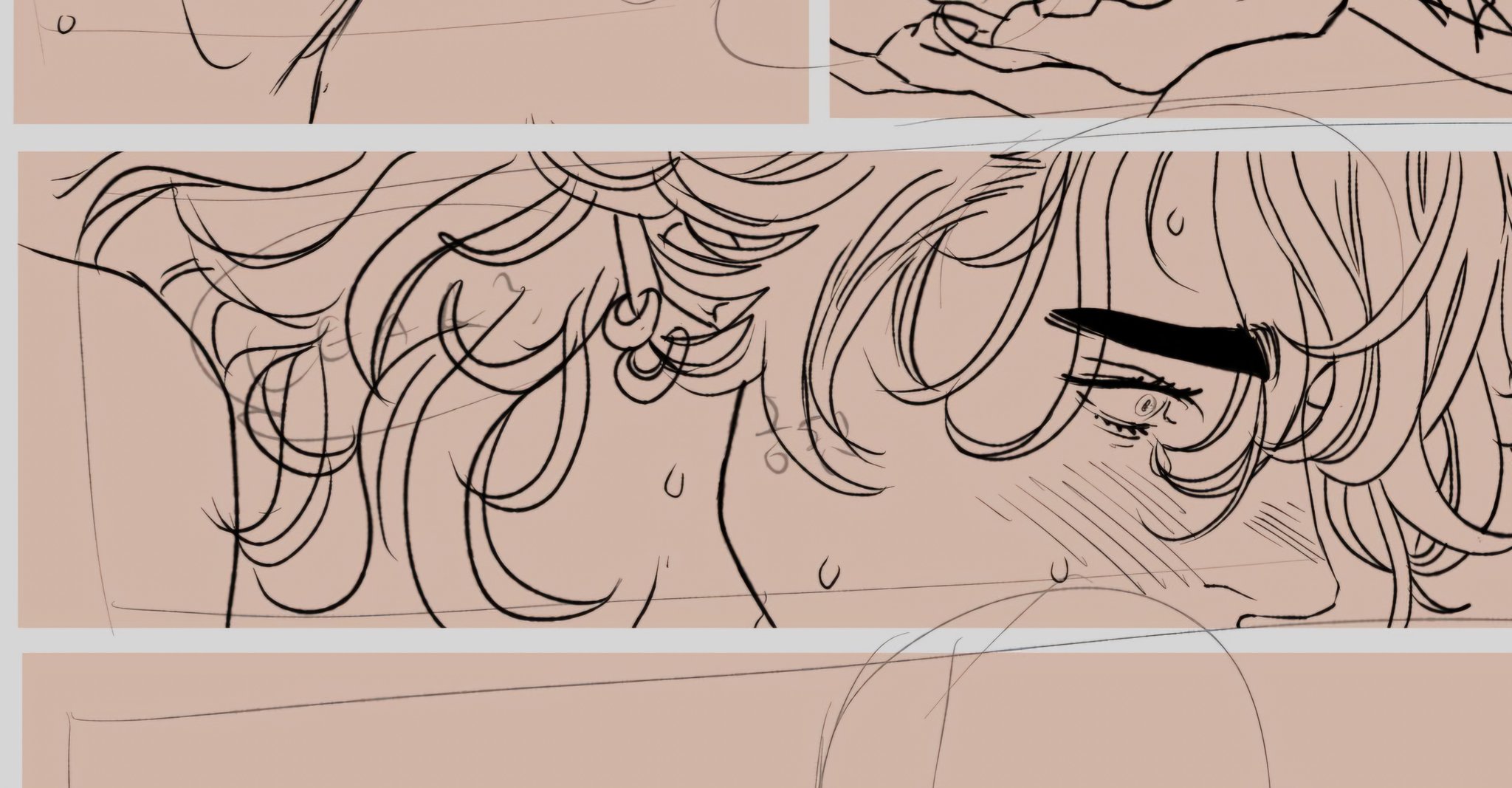 the image is a closeup drawing of a person, likely from a manga or comic. the person has curly hair, a furrowed eyebrow, and a sad expression. there are visible signs of distress, such as sweat droplets, blush on the cheeks, and tears around the eye. the overall impression is one of emotional turmoil or sadness. the image is part of a comic panel, as it is contained within a rectangular frame.