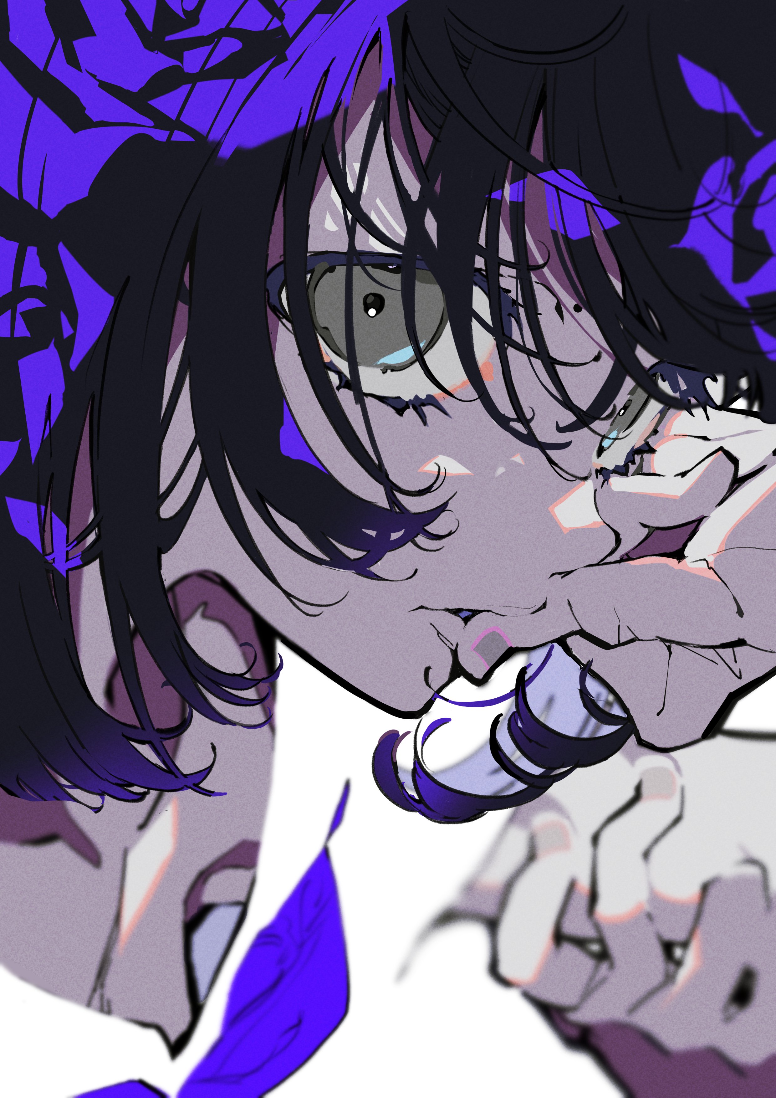 a closeup portrait of an anime girl with black and purple hair, her eyes are welling up with tears, and she looks sad and emotional. her hand is covering her mouth, she is crying with a teary expression on her face.