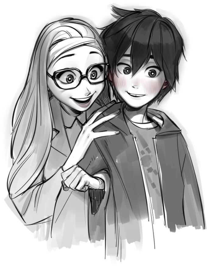 a black and white sketch of a woman and boy standing close together. the woman has long blonde hair and is wearing glasses and a collared shirt. she has one hand on the boy's shoulder and the other clasped around his arm. her head is tilted and she's smiling brightly. the boy has short black hair and is looking at the viewer with a slight blush. he appears to be younger than the woman.