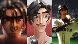 this is a threepart photo collage featuring a digitally rendered male character. the leftmost image shows a closeup of his face, the center image shows him from the chest up holding a microphone, and the rightmost image shows him dressed in a baseball uniform and batting on a field.
