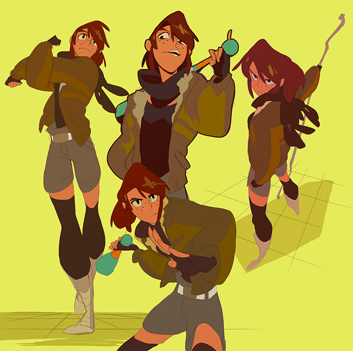 this is a digital illustration of four female characters posed in fighting stances. the characters are all drawn in an anime style with colorful outfits, the background is yellow. they are holding weapons such as a baton, a staff, a bottle, and a sword. the characters are all in dynamic poses and look fierce.