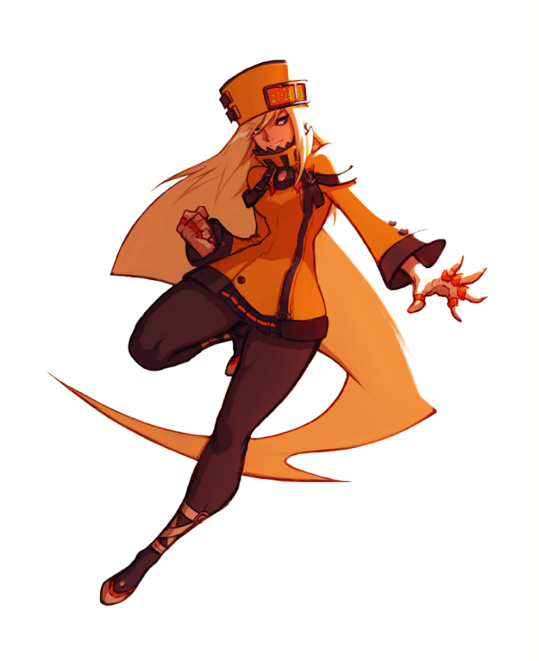 this is a digital art illustration of a female anime character. she is wearing a yellow jacket with a black collar and cuffs and black pants. she is also wearing yellow boots and has long blonde hair. she is holding a weapon in her right hand. the character is in an attack pose. she is surrounded by a yellow aura.