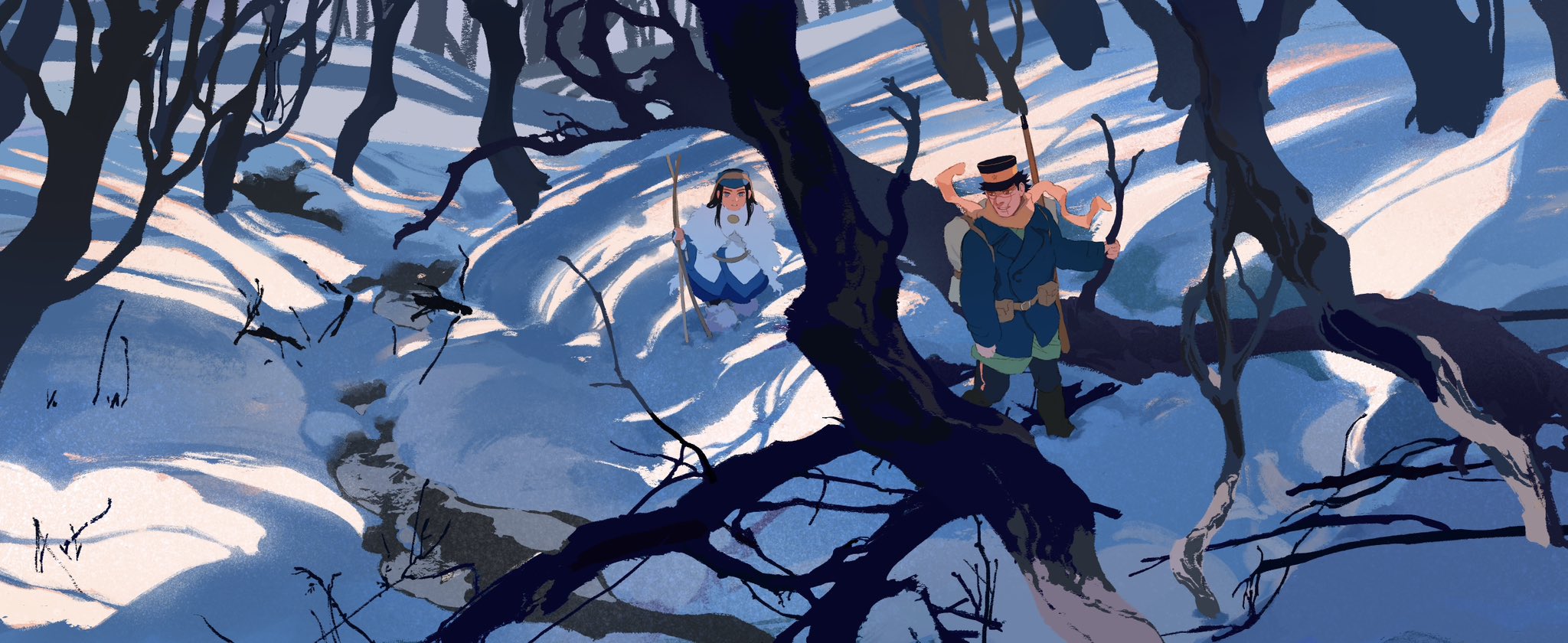 the image depicts two figures traversing a snowy forest. the scene is thick with densely packed trees, their bare branches creating a network of shadows across the snow. sunlight filters through the canopy, creating patches of bright white against the cool blues and grays of the snow and shadows.  the figures are bundled in winter clothing, the person in front wearing blue and the one behind in brown.  the perspective is from a slightly low vantage point, creating a sense of immersion in the wintery landscape.