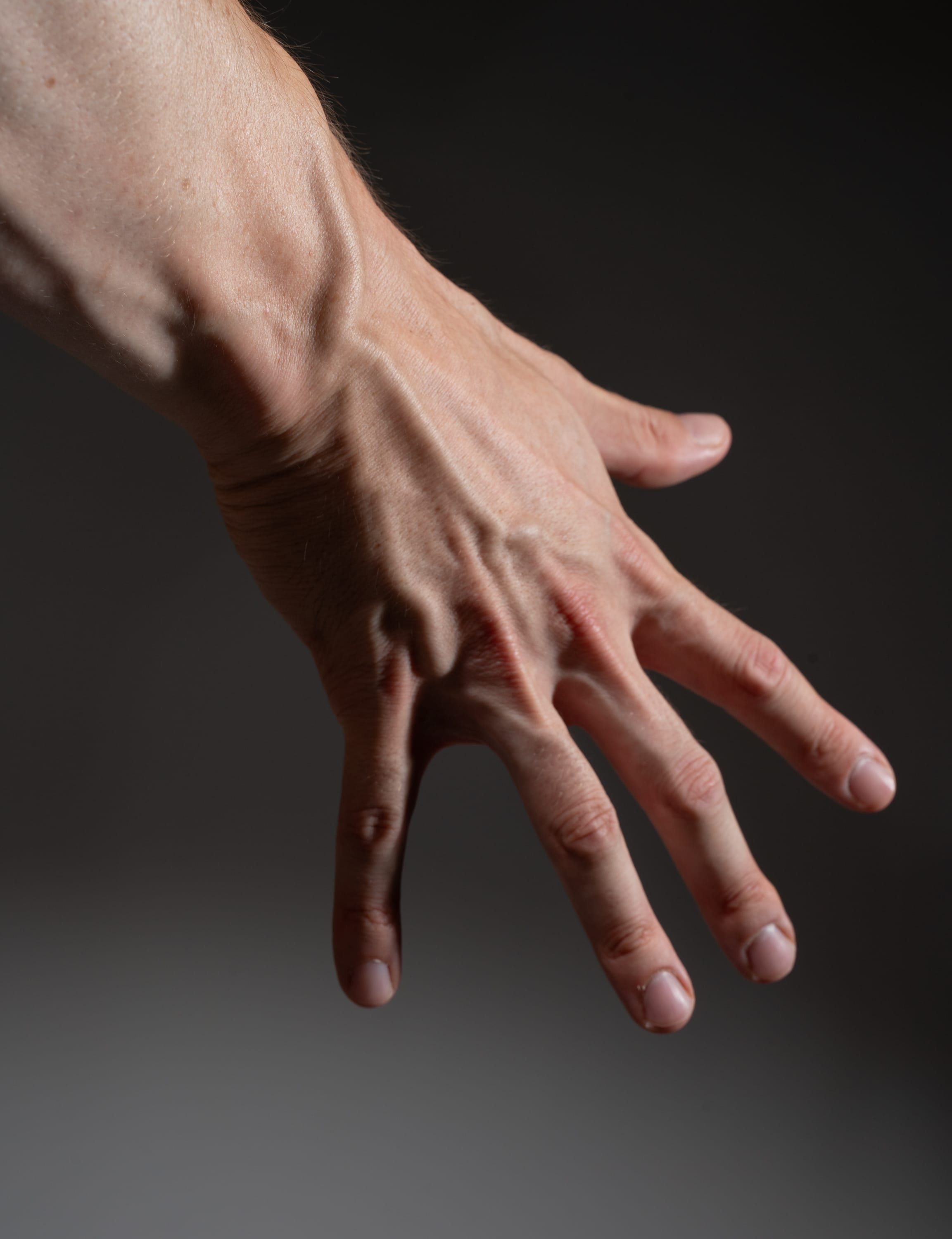 the image shows a man's hand with prominent veins and muscles. the hand is outstretched against a dark gray background. the studio lighting emphasizes the textures and contours of the skin and highlights the veins, creating a sense of strength and definition.