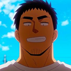 the image is a drawing of a man with short, dark hair and a goatee. he is smiling and looking directly at the viewer. the background is a bright blue sky with a few white clouds.