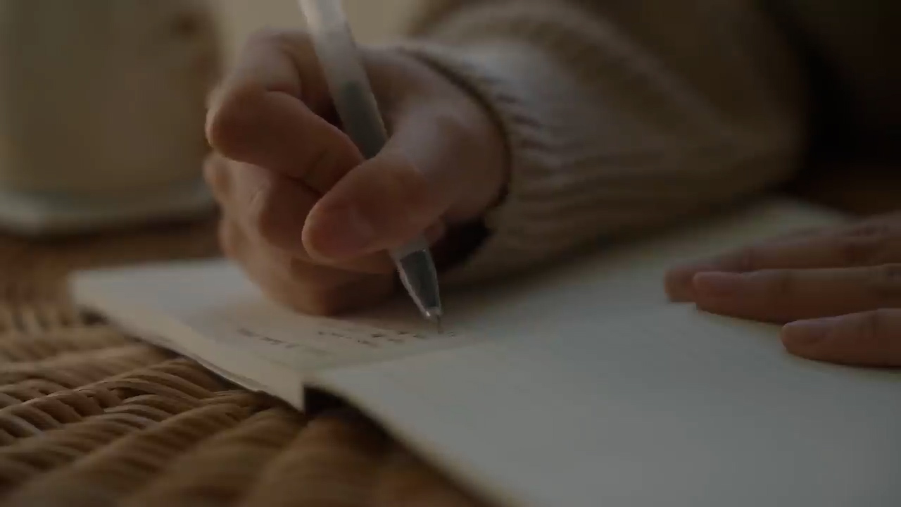 a closeup shot shows a person's hand writing in a notebook with a white pen. the person is wearing a beige sweater, and the image has a warm and cozy atmosphere. the background features a wickerlike surface, likely a table or basket.