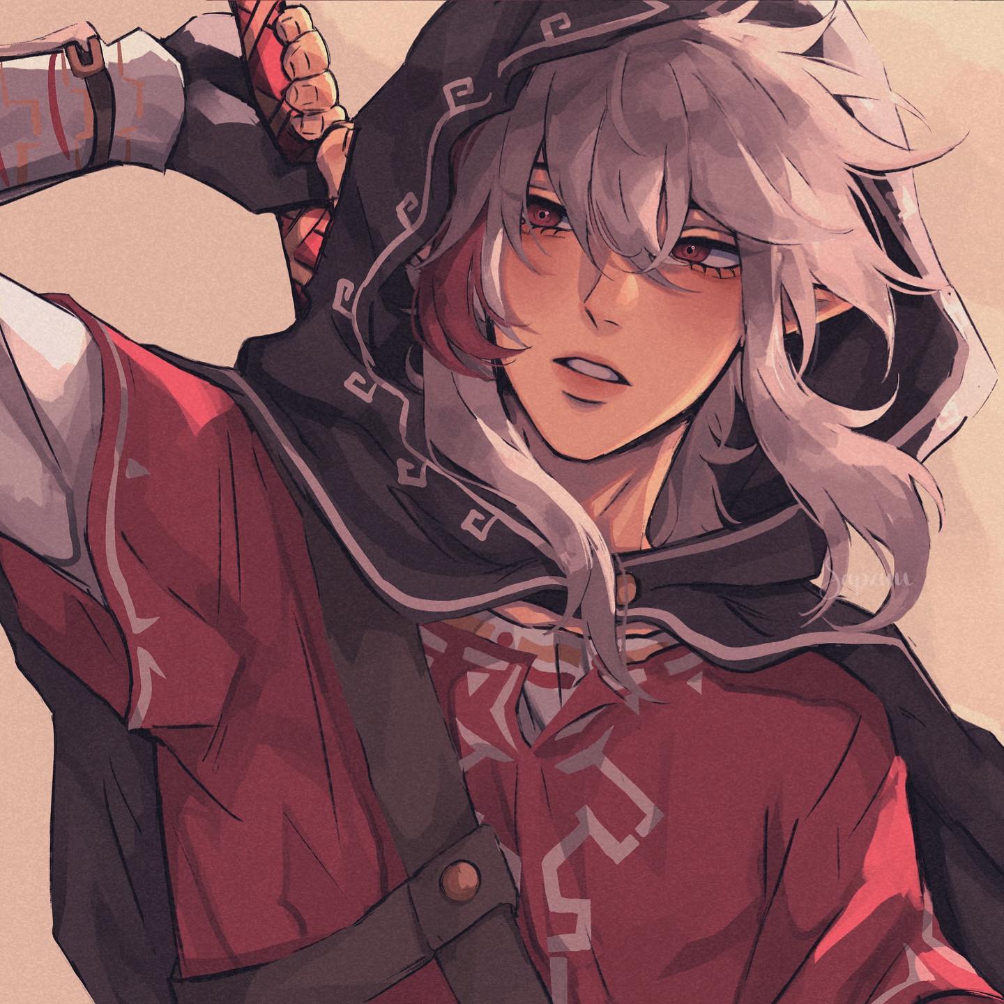 the image is a piece of digital fanart, likely inspired by the legend of zelda series, depicting a young male character with long, predominantly white hair with streaks of reddishpink. he has striking red eyes and a somewhat androgynous, elegant facial features. he's dressed in a dark hooded cloak with geometric patterns reminiscent of the zelda franchise and a reddish tunic with similar detailing.  he is holding what appears to be a sword behind his neck. his pose is confident yet slightly mysterious, with his gaze directed somewhat away from the viewer. the art style is anime or mangainspired with soft shading and a focus on the character's expression and clothing details. the overall palette is warm, with reds, browns, and muted shades dominating. the image is highly stylized and visually appealing.