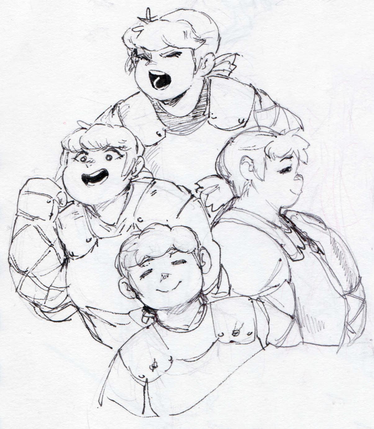 this is a black and white line drawing sketch of four cartoon characters. the characters are kids who are smiling and looking at the viewer.  the characters are standing close together with only their head and shoulders visible. the drawing is done with a black pen on white paper.