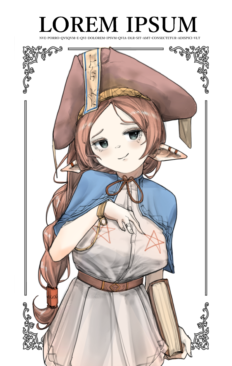 a digital illustration of a female elf character with long reddishbrown hair, sporting pointy ears. she's dressed in a white dress, a blue cape, and a brown hat with a pointed tip, reminiscent of a witch or wizard's attire. she holds a book in her left hand and clutches her cape with her right hand, sporting a gentle smile. the illustration is framed within an ornate border.