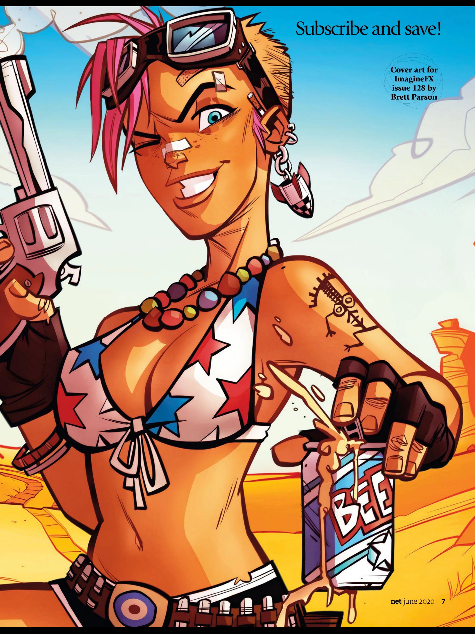 the image is a comic book cover for imaginefx issue 128, illustrated by brett parson. it features a female character in a starspangled bikini holding a pistol in one hand and a can of beer in the other. she is surrounded by desert scenery and a sunset.