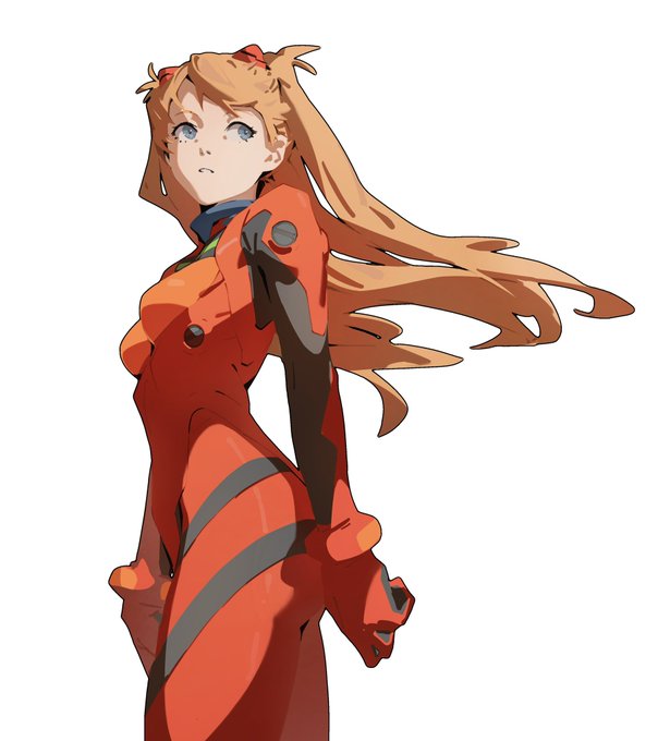 the image features asuka langley soryu, a prominent character from the anime series neon genesis evangelion.  she is depicted in her signature red plugsuit.  asuka is positioned slightly turned, offering a threequarter view of her form as she gazes directly at the viewer with a neutral expression.  her long, auburn hair flows behind her, suggesting movement or a gentle breeze.  the art style leans toward a semirealistic approach within its illustrative quality.