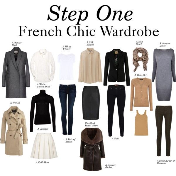 the image displays a curated wardrobe called "step one: french chic wardrobe". it showcases a collection of essential clothing items that form the foundation of a frenchinspired, stylish wardrobe. the items include a winter coat, a white cotton shirt, a white tshirt, a silk blouse, a suit, a silk scarf, a jumper dress, a trench coat, a jumper, a pair of jeans, a black pencil skirt, a leather jacket, a full skirt, a twinset, and a second pair of trousers. each item is labeled with its name, creating a guide for building a versatile and chic wardrobe.