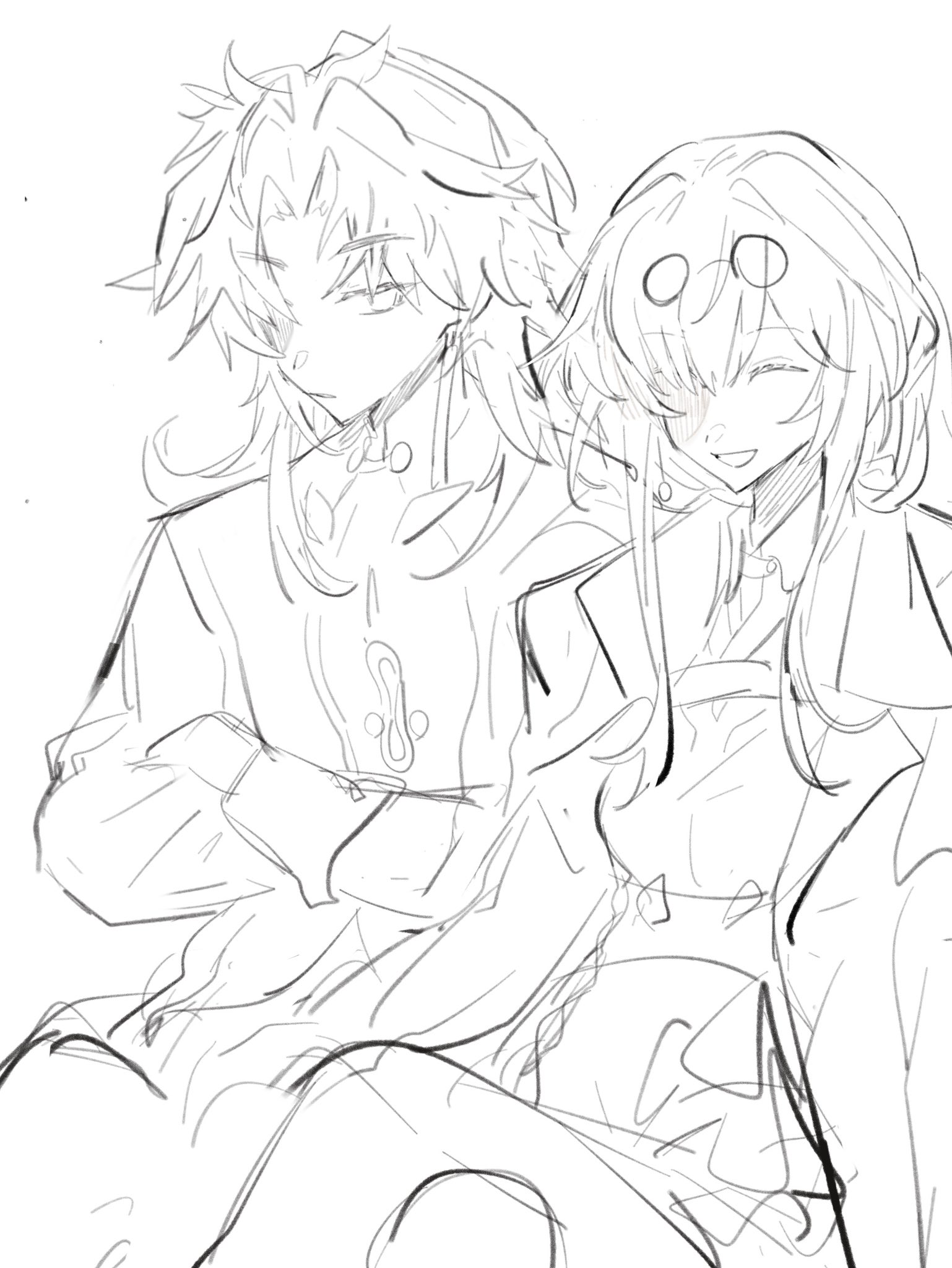 a black and white sketch of a couple embracing each other. the male character is on the left and has a serious expression. the female character on the right is smiling and has a playful expression. the drawing is very detailed, with clear lines and shading. they are both wearing casual clothing.