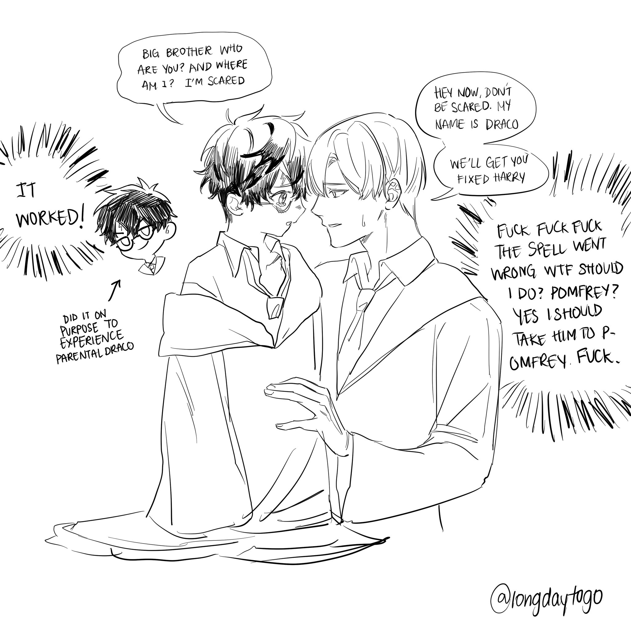 black and white webcomic featuring fanart of draco malfoy from harry potter.  the comic depicts a humorous situation where a spell has gone wrong, resulting in a body swap between draco and harry. one panel shows a smaller figure of harry in draco's body, visibly scared, while a larger figure of draco appears to be comforting him. the speech bubbles reveal draco's worry and his frantic thoughts about what to do, mentioning madam pomfrey, the hogwarts nurse. other panels display the humorous reactions of the characters and the thought process of the one who caused the spell. the style is reminiscent of manga or webtoon art. the artist's signature is visible at the bottom.