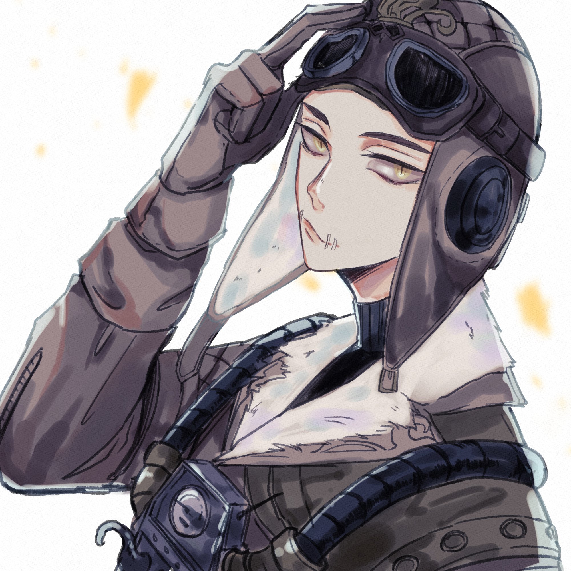 an animestyle illustration of a male character with a white and grey jacket, a pair of goggles and a black helmet. he has white hair and a serious expression. he is wearing a long white coat, with a black collar and cuffs. he is also wearing a pair of black gloves, and there is a white fluffy lining at the top of his coat, which looks like fur. he has a black helmet on his head with a pair of black goggles. the background is white with a few light yellow dots scattered throughout the illustration.