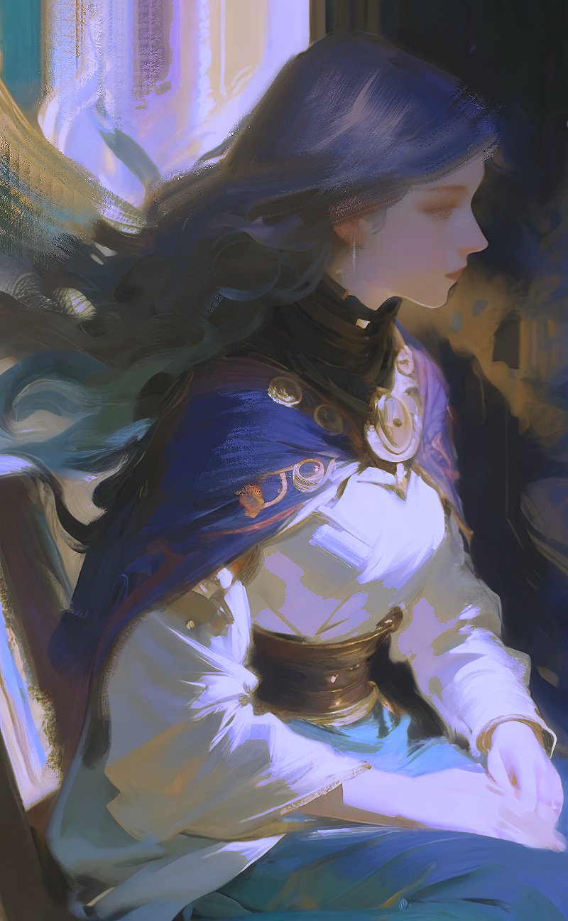 a digital painting of a woman with long dark hair, wearing a white dress and a blue cloak with gold accents. she is sitting and looking to the side. the painting has a soft, ethereal quality and is done in a painterly style.