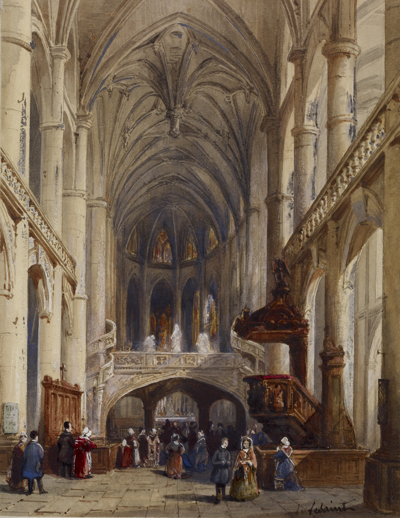 a watercolor painting depicting the interior of a grand church or cathedral. the scene is filled with architectural details such as high vaulted ceilings, numerous columns, and ornate arches. people are present in the foreground, near the center, and some are on a balcony. a large wooden pulpit stands prominently on the right side. stained glass windows can be seen in the background, and the overall atmosphere is one of reverence and historical grandeur.