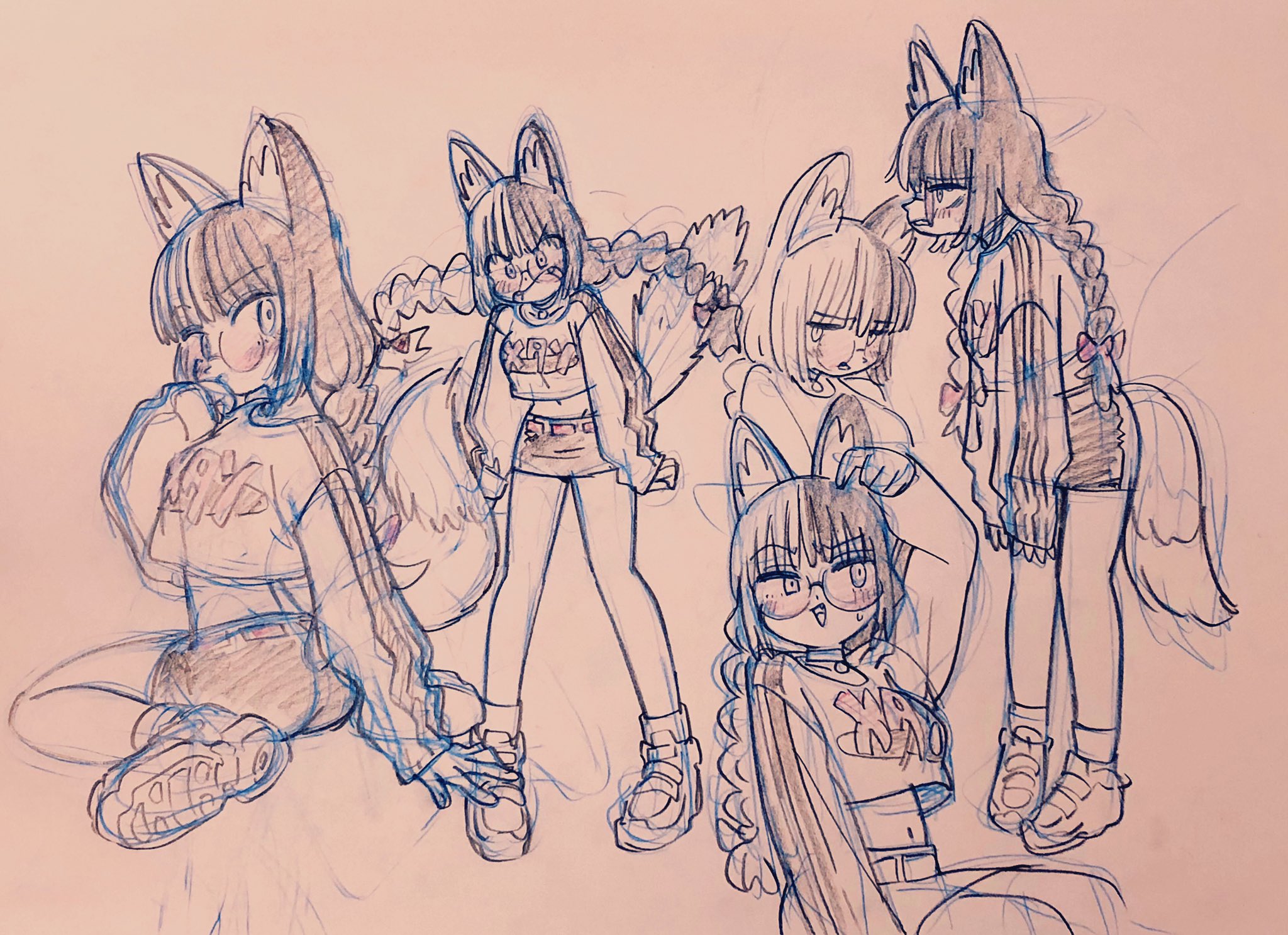 a pencil sketch on beige paper shows five different poses of the same female character. she has long black hair in pigtails, fox ears and tails, round glasses, and is wearing a graphic crop top, jacket, and shorts. the style is reminiscent of manga and anime. the image includes various angles and closeups, offering a character sheetlike presentation.  the lines are predominantly blue, likely from a light blue colored pencil, with shading and detail added in a darker pencil.