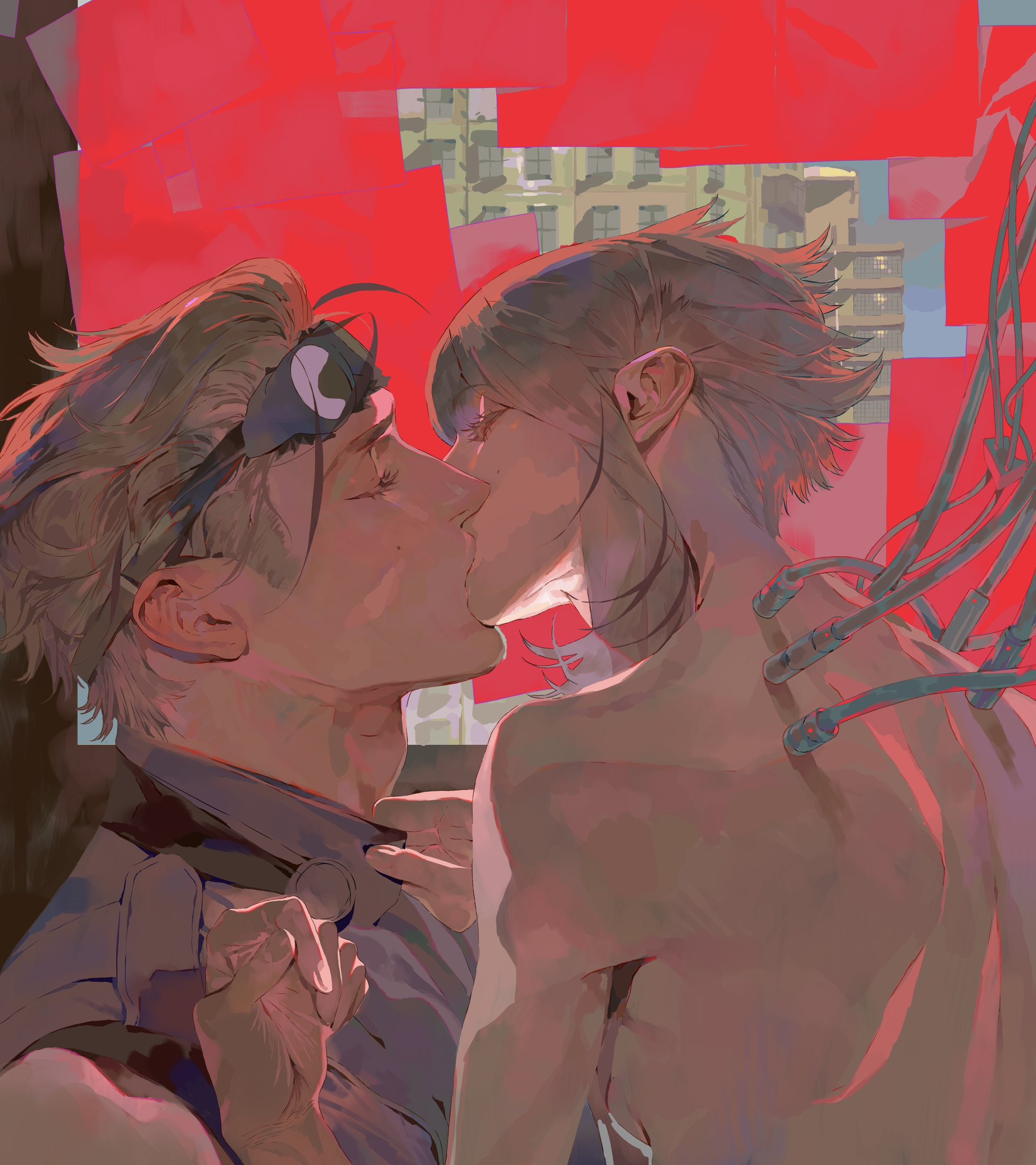 an illustration of a man and a woman kissing in front of a city skyline and red background. the woman has wires coming out of her back. the man is wearing a headscarf. they are holding hands.