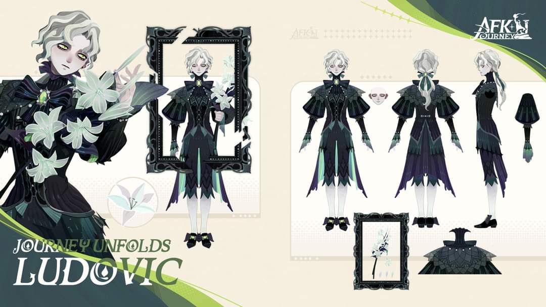 a digital illustration showcasing a concept design for a new character named "ludovic" for the mobile game afk arena. the character has pale skin and gray eyes. they have long, light gray hair styled in a braid. they are dressed in an elegant, black and white outfit featuring lilies, ruffles, and a long, flowing coat.  they are holding a bouquet of white lilies. to the right, there are multiple fullbody sketches of the character from various angles. there is also a closeup of the character's outfit from the waist down, and a detail shot of a weapon.