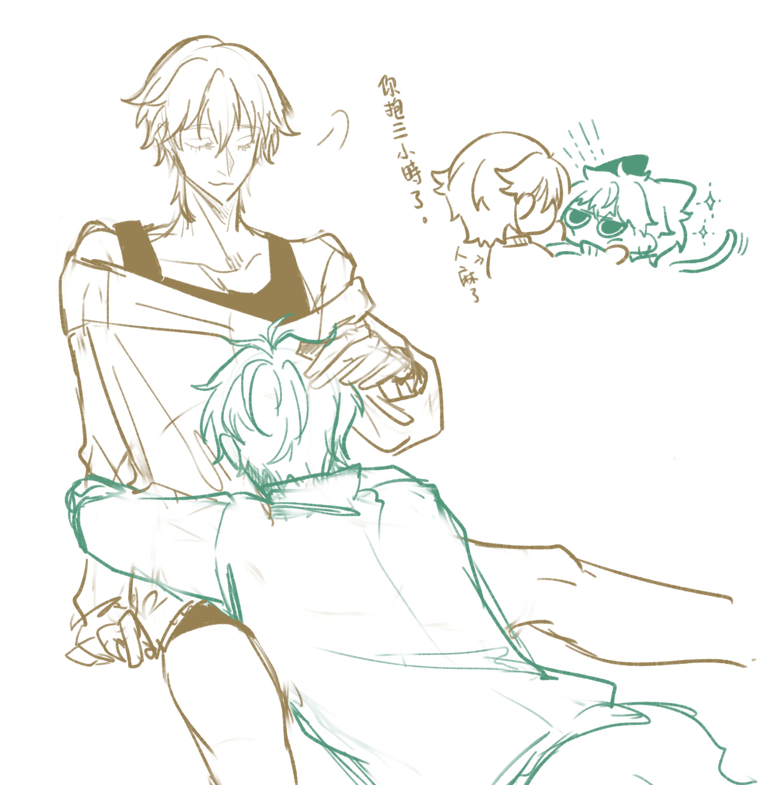 this is a sketch of two anime characters, one is sitting with his arm around the other,