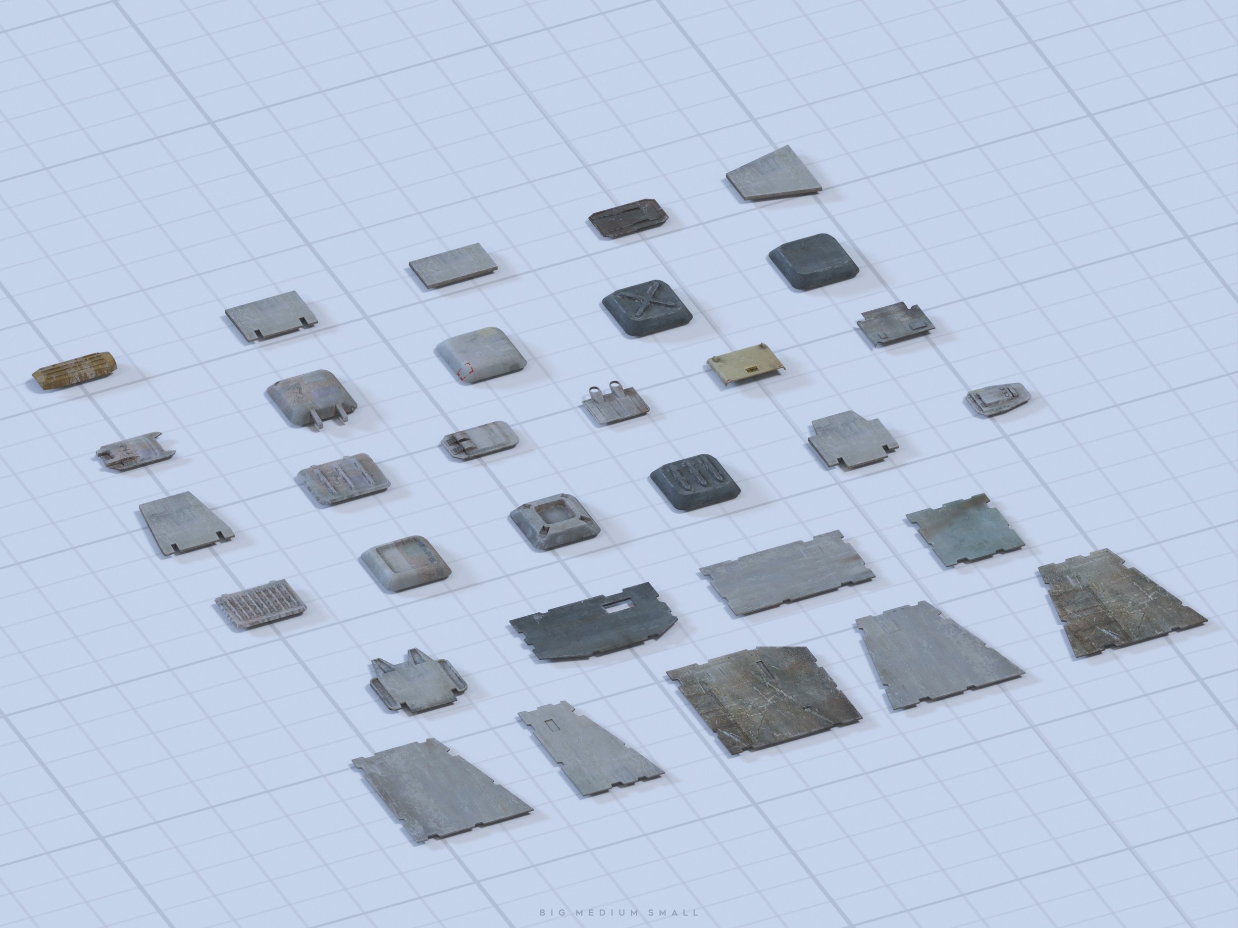 the image shows a collection of 3drendered, isometrically viewed game assets. these assets appear to be modular pieces, possibly representing pieces of concrete or metal debris, building blocks, or components of a structure in a scifi setting. they vary in size and shape,  showing signs of wear and aging with various textures.  the assets are laid out on a gridded background, suggesting they are intended for use in a game or similar application where precise placement is important.  the overall style appears to be lowpoly.  the caption "big medium small" suggests a size classification for the components.