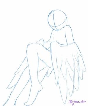 this is a drawing of a female angel sitting with her wings spread behind her. the drawing is in a light blue outline on a white background and appears to be in a side profile.