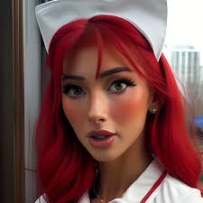 a closeup portrait of a young woman with vibrant, bright red hair styled in a long, slightly layered fashion.  she's wearing a white nurse's cap and what appears to be a portion of a nurse's uniform. her makeup is noticeable, featuring a significant amount of blush on her cheeks. the overall style evokes a slightly animeinspired aesthetic. the woman’s expression is somewhat serious. the background is blurred, suggesting a focus on the subject.