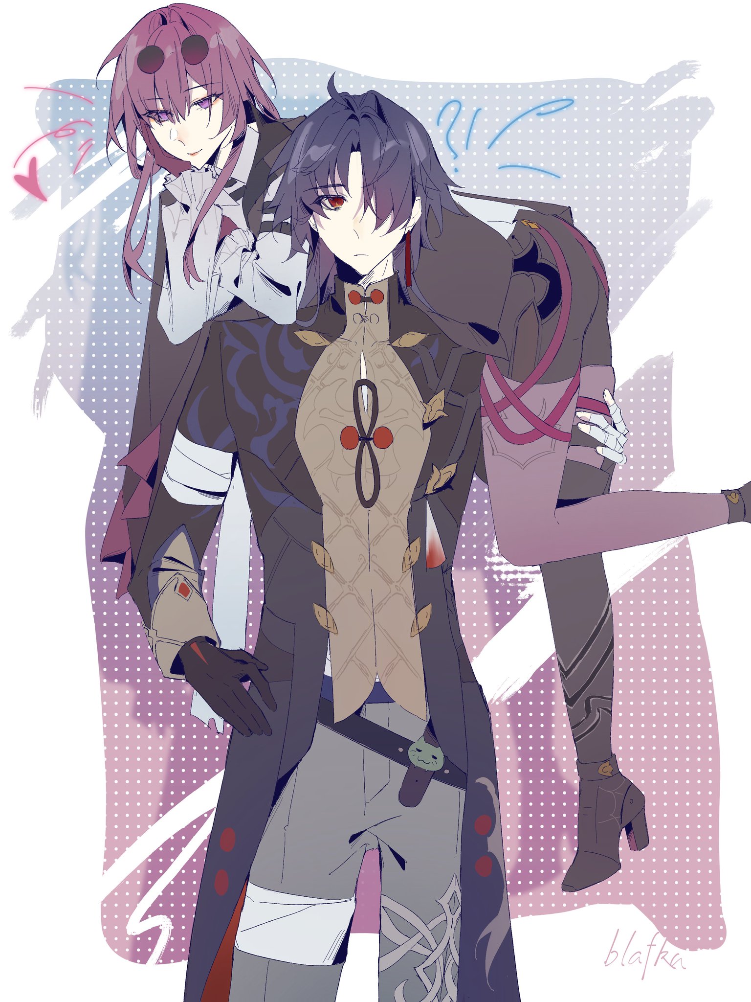 the image is a digital painting of two anime characters. they are a young man and a young woman. the man is wearing a dark grey coat with a brown and gold vest. he is holding the woman in his arms. she is wearing a purple dress with a white jacket. they are both smiling and appear to be happy together. the background is a light purple and pink with white polka dots. there is also a heart in the top left corner of the image.