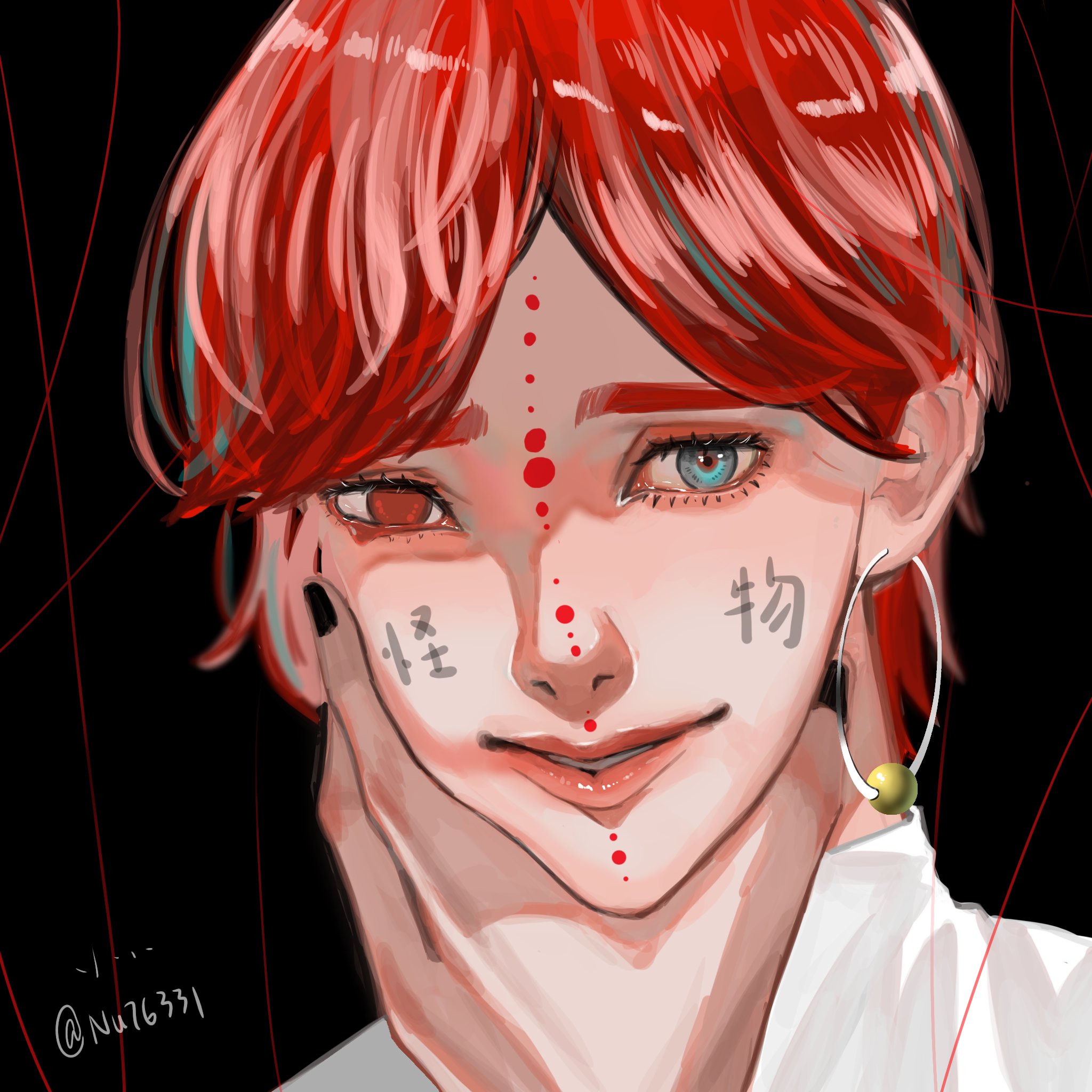 a closeup portrait of an anime male character with red hair, blue eyes, and a smile. he is wearing a white shirt and gold earring. the character has tattoos on his face, including chinese characters and red dots. the background is black. the art style is digital and illustrative.