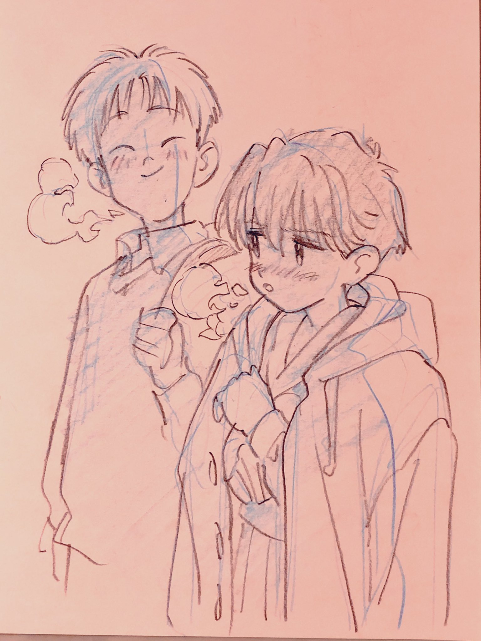 a simple pencil sketch of two boys drawn in the style of anime or manga. the boy on the left side of the image is smiling at the boy on the right, who is blushing. both boys appear to be wearing winter coats. light blue colored pencil is lightly applied to certain details of their clothing, hair, and breath. the paper is pale pink.  this image evokes themes of affection, friendship, and warmth.