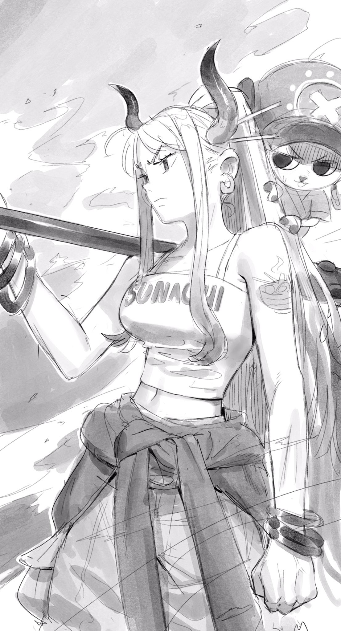 a black and white sketch of an animestyle female character with horns. she is wearing a crop top that says "sunacchi" and dark pants. she has long hair and appears to be holding a long sticklike weapon. a smaller character resembling tony tony chopper from one piece is partially visible behind her. the style is loose and expressive, with visible pencil strokes and shading. the overall mood is serious and slightly edgy.