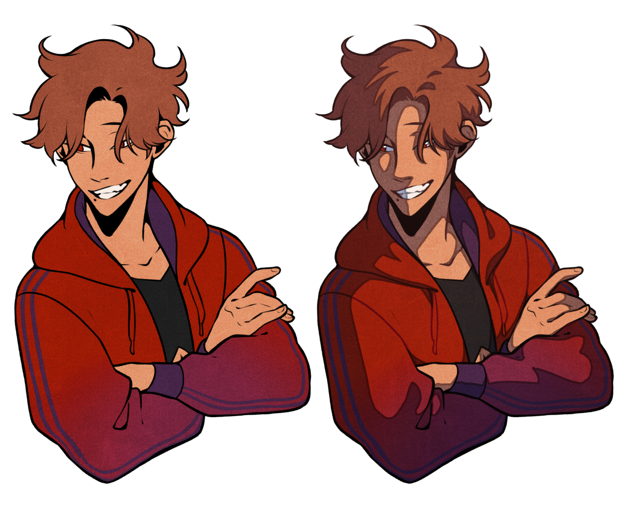 two drawings of the same young man, shown from the chest up, on a white background. he has brown hair, brown eyes, and is wearing a red and purple jacket over a black shirt. his arms are crossed and he is smiling slyly at the viewer, pointing with his left index finger. the drawing on the right is more warmly lit and saturated than the drawing on the left.