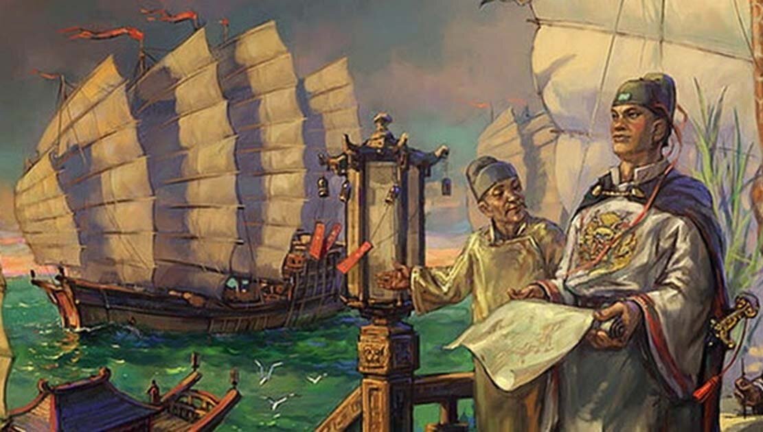 the image is a richly detailed historical painting depicting zheng he, the famous ming dynasty admiral, aboard one of his massive treasure ships.  the painting shows a fleet of large, multimasted junks at sea.  zheng he is prominently featured in the foreground, dressed in elaborate imperial clothing, holding a map or scroll.  another official, possibly a navigator or officer, stands nearby, seemingly consulting a navigational instrument. the overall scene portrays the scale and grandeur of zheng he's voyages of exploration and trade throughout the indian ocean during the early 15th century. the style is evocative of traditional east asian painting, with rich colors and attention to detail in both the figures and the ships.