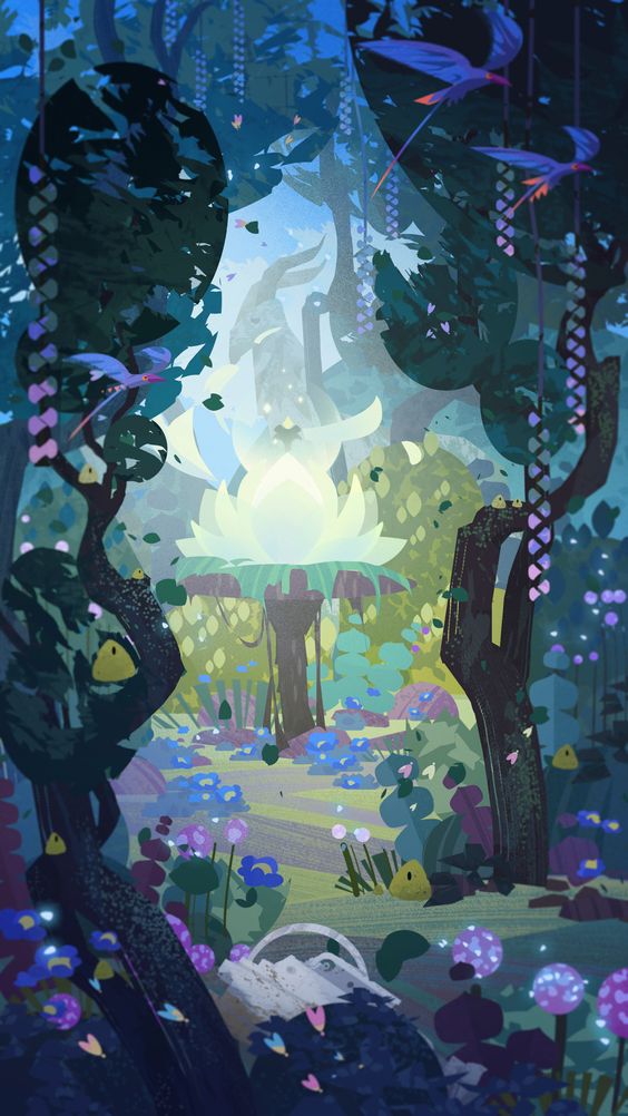 the image depicts a serene and magical forest path bathed in a warm, ethereal light emanating from the center background.  lush greenery, colorful flowers, and whimsical trees line the path, while birds fly overhead.