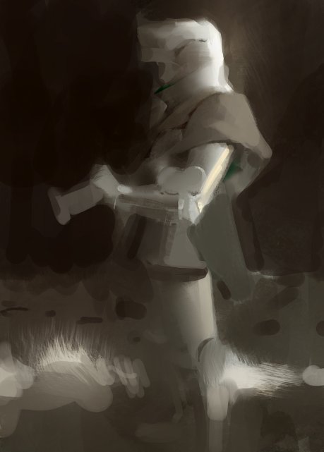 a digital painting of a warrior standing in the shadows, hooded and cloaked in white, with the light illuminating their left side, highlighting their armor.  the warrior is in a pose of action, facing away from the viewer, with a green highlight on their arm.  the painting is abstract and futuristic in style.