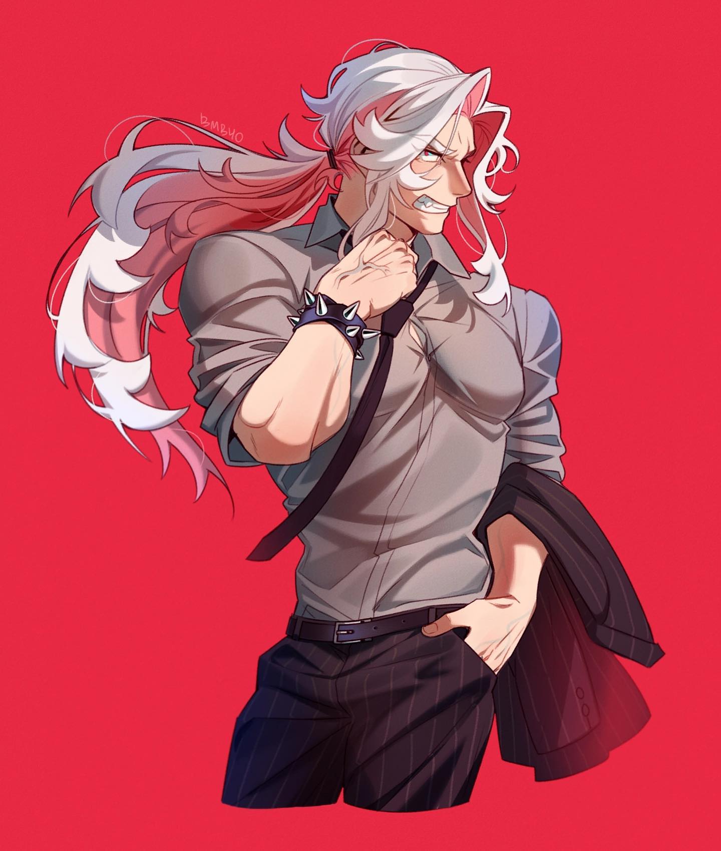 a digital illustration of an anime man with white and pink hair. the man has an angry expression on his face and is wearing a grey shirt, tie, black pants, and a black suit jacket. the man is standing in a red background.