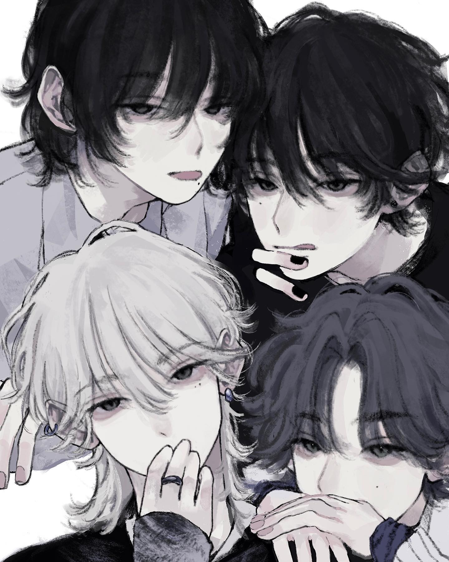 he image is a stylized animestyle illustration or drawing depicting four young men clustered together.  their hairstyles are distinct and fashionable, with dark and light colors used for contrast. the overall aesthetic is dark, moody, and stylish, with a focus on the expressive faces and close proximity of the subjects, suggesting a sense of friendship or camaraderie. the art style is reminiscent of manga, with attention to detail in the hair and facial features. the color palette is primarily grayscale, giving a monochrome effect.