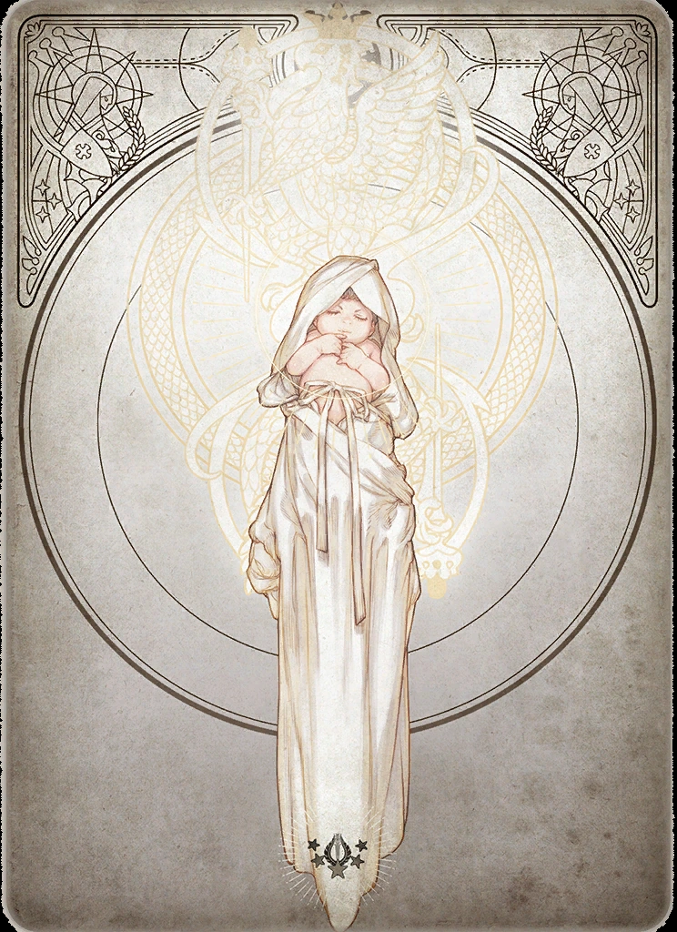 a woman in flowing white robes stands against an ornate background reminiscent of art nouveau design. she cradles a swaddled baby in her arms.  a luminous bird with outstretched wings appears above her head, entwined with a serpent.  the scene evokes a sense of peace, protection, and possibly themes of rebirth or spiritual awakening.