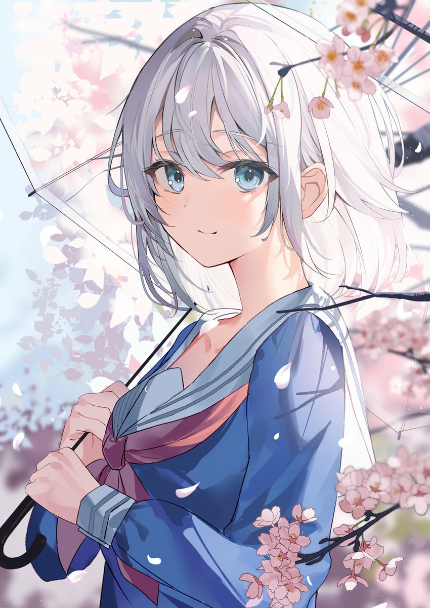 the image is a digital drawing or painting of a young anime girl.  she has long, flowing silver hair, blue eyes, and is wearing a blue sailor school uniform with a pink ribbon. she's holding a transparent umbrella, and pink cherry blossoms are blooming around her, falling gently onto her. the overall style is soft, pastel, and romantic, creating a serene and beautiful scene. the artwork focuses on her gentle expression and the delicate details of the setting, with a focus on light and airy brush strokes.