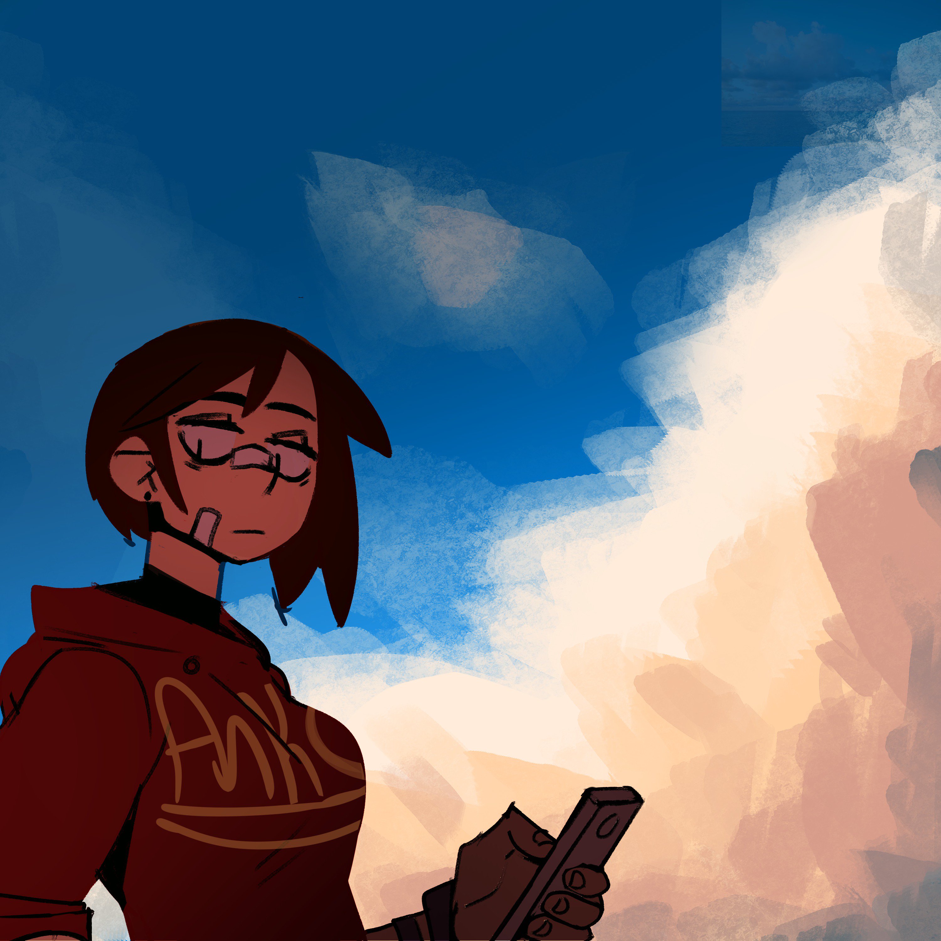 a cartoon style female character is drawn against a background of sky and clouds. she is looking to the right and holding a phone in her hand. she has glasses on and is wearing a red jacket with a design on the chest.