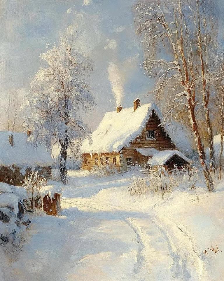 he image is a painting depicting a winter scene. the main focus is a wooden cabin covered in snow, with smoke rising from its chimney, suggesting warmth and coziness within.  the cabin is nestled amongst snowcovered trees, the branches heavy with snow.  a path, marked with footprints and sleigh tracks, leads towards the cabin.  the overall mood is serene and peaceful, evoking a sense of quiet winter beauty. the sunlight suggests a clear, crisp winter day. the style of the painting is realistic, capturing fine details of the snow and the texture of the wood.  another smaller snowcovered building is partially visible in the left foreground, suggesting a small village setting.
