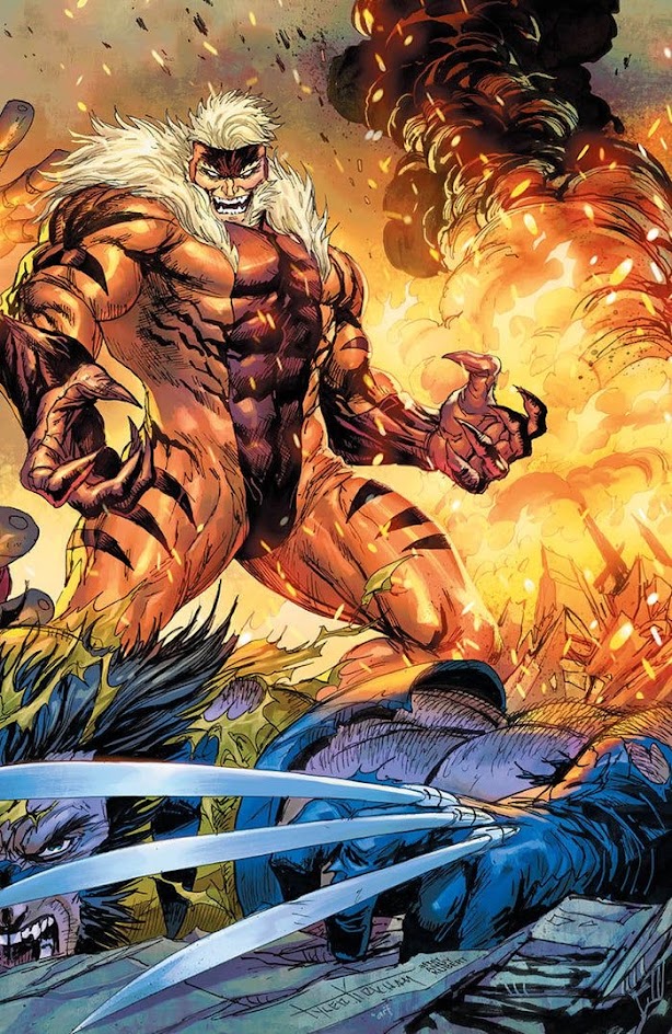 a comic book illustration featuring the marvel comics characters sabretooth and wolverine in battle. sabretooth is standing over wolverine, who is lying on the ground with his claws extended. there is a massive explosion in the background, and the cityscape is in ruins. the illustration is filled with action and energy, conveying the intensity of the fight.