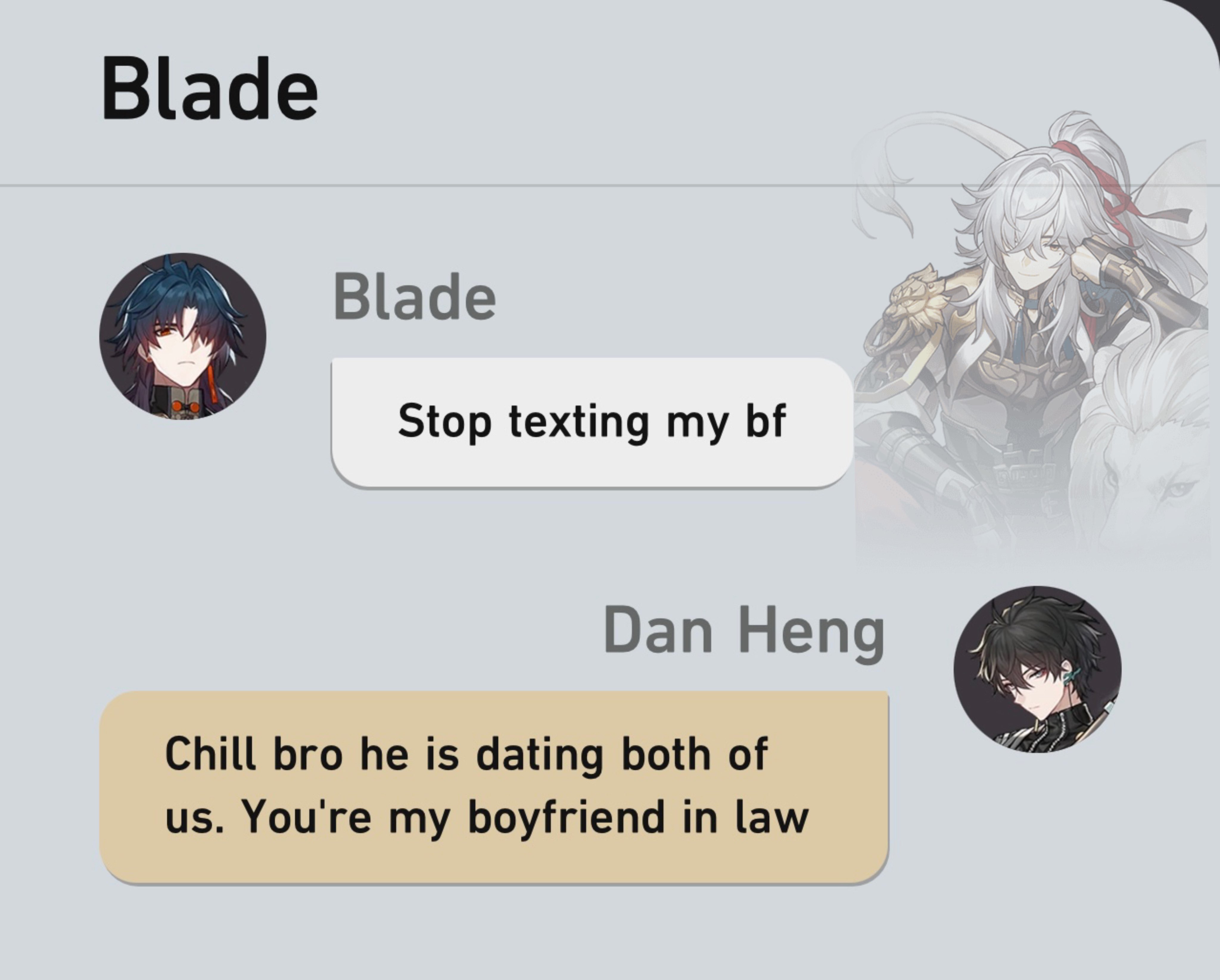 this is a screenshot of a game called genshin impact. it shows two characters named blade and dan heng. the characters are engaging in a dialogue about dating, love, and the meaning of a boyfriend in law.