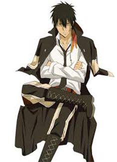 a young man with black hair and wearing a long black coat is sitting with his arms crossed. he is wearing a white shirt, black pants and boots, and has a red scarf around his neck. he has a serious expression on his face.