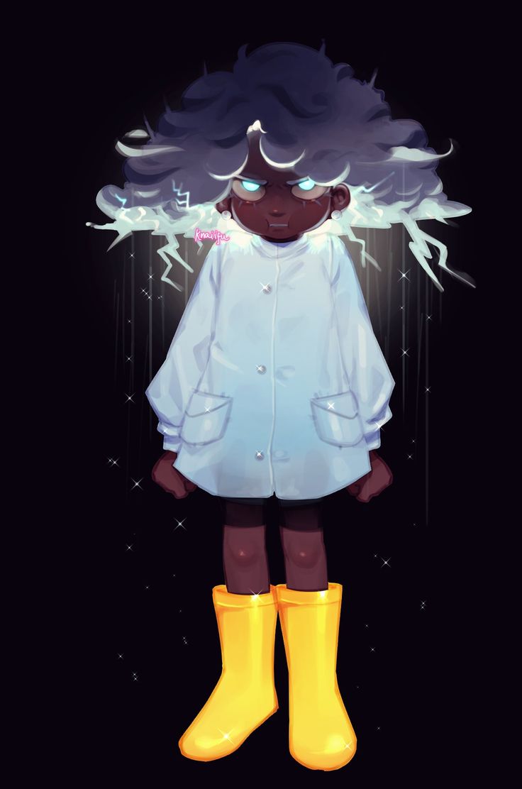 this is a digital art illustration of an animestyle young girl with dark skin. she is wearing a white coat, yellow rain boots, and has her dark hair styled like a storm cloud with glowing lightning bolts coming from it. she is looking intensely at the viewer and appears to be angry. the background is a dark night sky with stars and light.