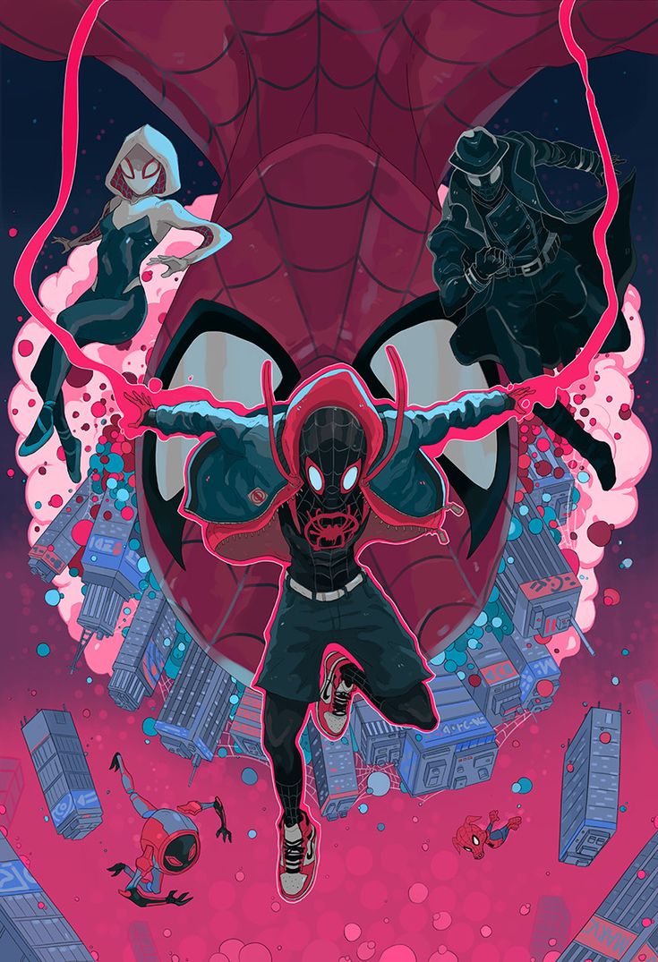 this is a vibrant and dynamic illustration featuring miles morales, the spiderman of the spiderverse, in a heroic pose. surrounded by a cityscape, miles stands against a backdrop of swirling pink and red hues, reminiscent of the multiverse's chaotic energy. he is poised to strike, his red and black costume contrasting sharply with the bright color scheme. the image includes other spiderverse characters, hinting at a larger narrative, and the overall style is clearly influenced by the animated film "into the spiderverse". this image captures the essence of miles's character: youthful, determined, and powerful.